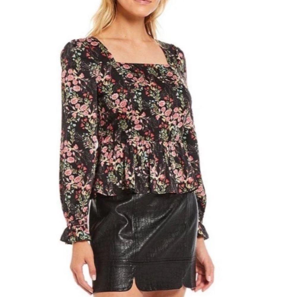 SKIES ARE BLUE Long Sleeve Black Floral Peplum Blouse Size XS